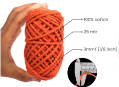 Cotton Twisted Cord - Tangerine Orange 3mm, 3ply, 25mtr