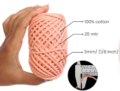 Cotton Twisted Cord - Peach 3mm, 3ply, 25mtr