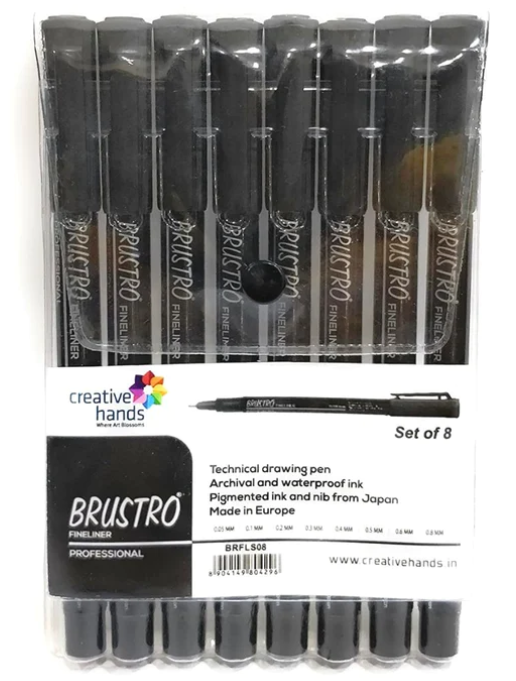 Pen Brustro Fineliner Black Assorted Set 8